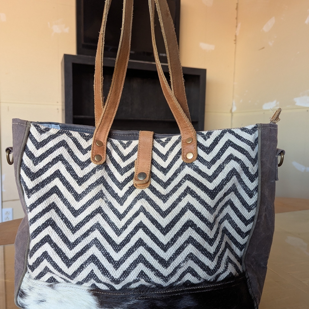 Myra Bag Black and White Chevron Tote with Brown Accents